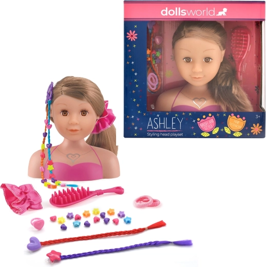 Dolls World glava za česanje Ashley, rjavolaska, 21 cm