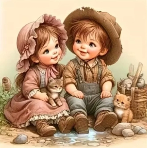 Norimpex diamond painting Village children with kittens 30 × 40 cm