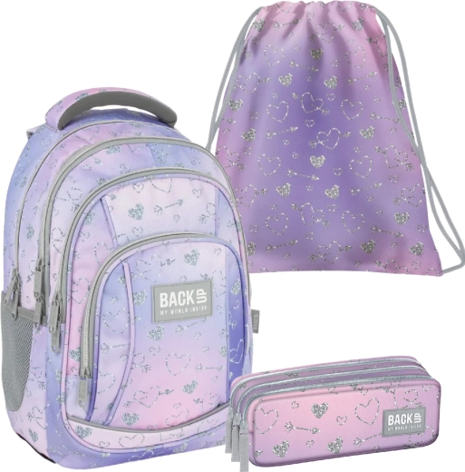 Šolski set BackUP Twinkle 3v1 (nahrbtnik, peresnica etui, vreča za copate)