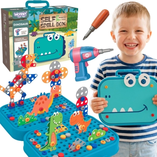 Woopie set malega mojstra 3D konstrukcijski komplet dino z vijaki in vrtalnikom v kovčku
