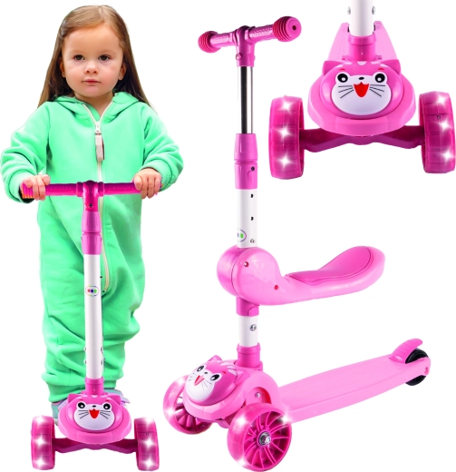 Trikolesni skiro Kotek s svetlečimi kolesi in sedežem