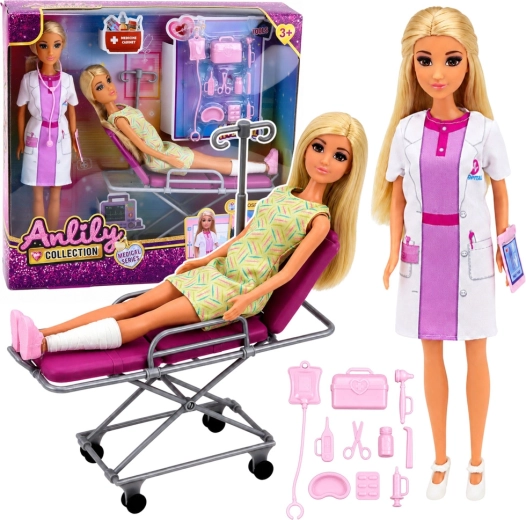 Anlily set punčk – zdravnica s pacientko, bolniška postelja in medicinski dodatki 30 cm