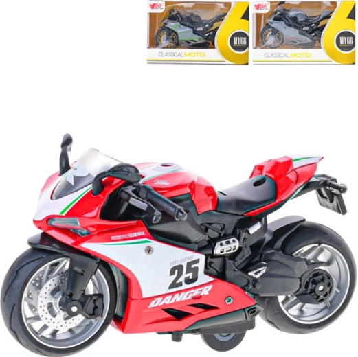 Kovinski dirkalni motocikel 14 cm 1:12 z vzvratnim pogonom v škatlici – 1 kos