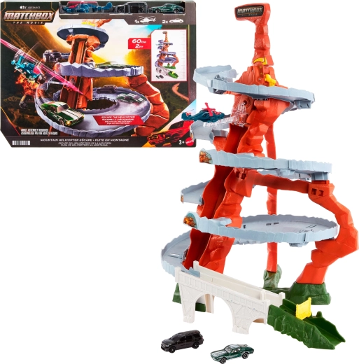 Matchbox The Movie gorska dirkalna steza z helikopterjem – igralni set (proga + 2 avtomobilčka + helikopter)