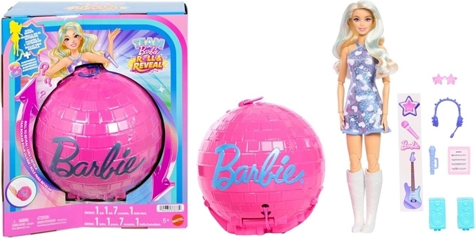Barbie Team Roll and Reveal Popstar – punčka v krogli s presenečenjem