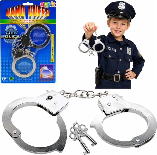 Kovinske policijske lisice s ključki za otroke, srebrne