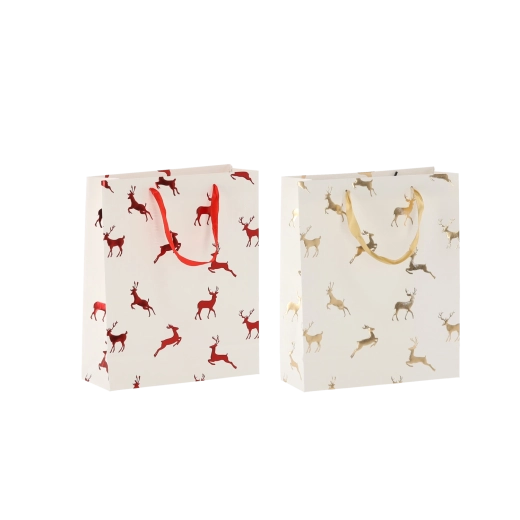 Božična darilna vrečka z jeleni, kremna, 18 × 24 × 8 cm