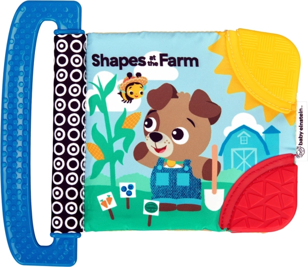 Mehka knjiga Baby Einstein s grizali in teksturami Shapes at the Farm od rojstva