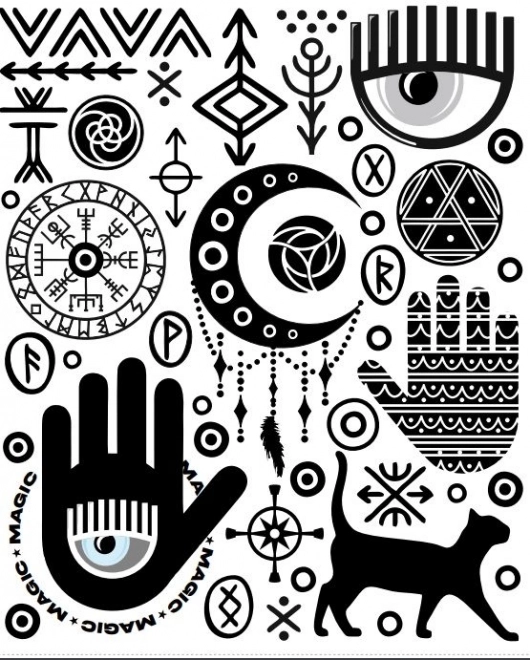 Nalepke za toplotni prenos – mistični simboli, velik list 20 × 30 cm