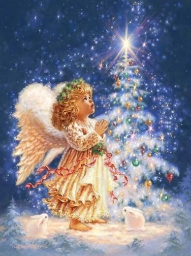 Diamantno slikanje Angelček ob božičnem drevesu 30 × 40 cm
