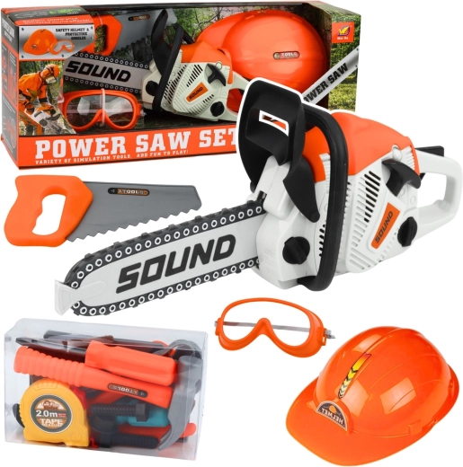 Otroški komplet orodja z motorno žago, čelado in očali z zvoki