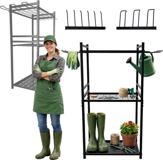 Kovinsko stojalo za vrtno orodje s kavlji in policami LUARO
