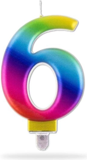 Mavrična rojstnodnevna svečka številka 6 za torto, 7,5 cm