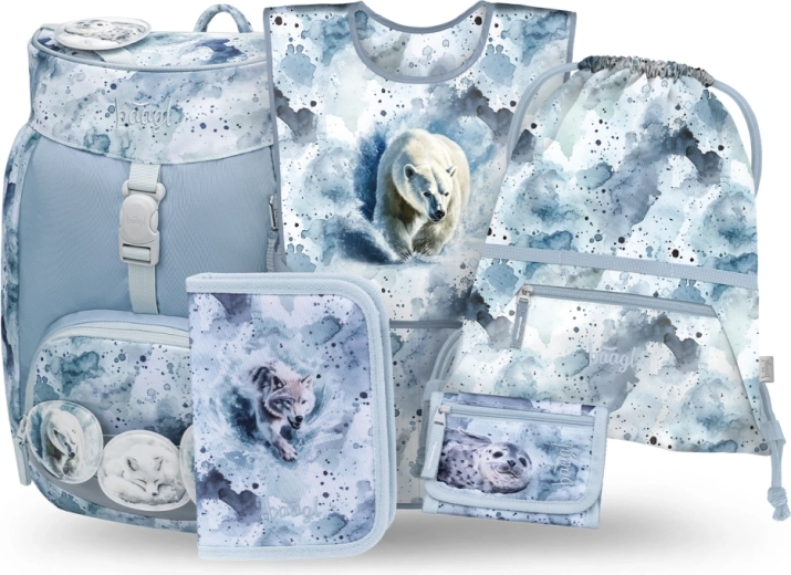 Šolski set BAAGL Airy Polar, 5 delov: nahrbtnik, peresnica, vrečka, predpasnik in denarnica iz recikliranih materialov