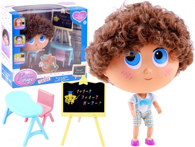 Punčka učitelj Tymek – šolski set s tablo in mizico – Modra