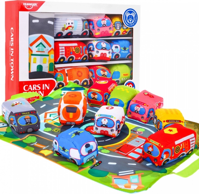 Set of soft toy cars with playmat