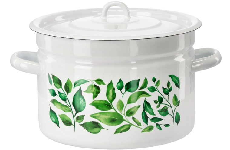 Emajliran lonec 9 l, 26 cm, bel z vzorcem fikusa, s pokrovko