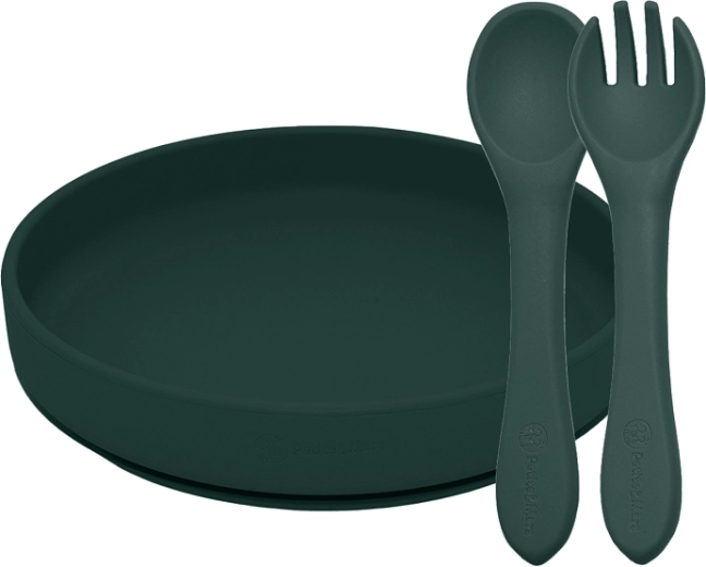 Petite&Mars otroški silikonski jedilni set TAKE&MATCH – krožnik s priseskom in pribor, Misty Green