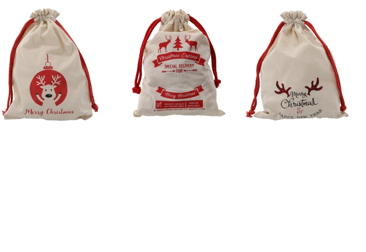 Božični bombažni darilni vreček 28 × 40 cm, naravni, mešanica vzorcev (pakiranje 15 kos)