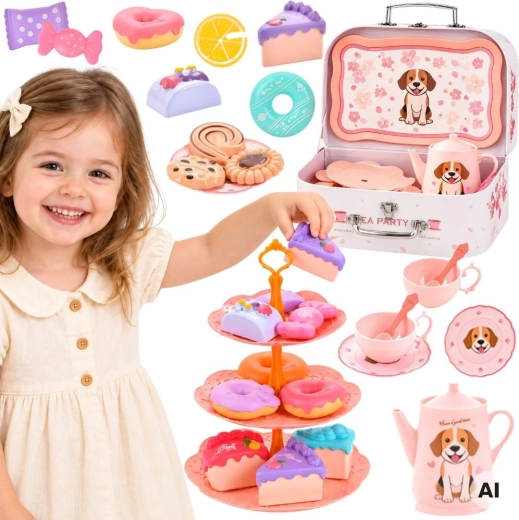 Woopie pink tea set with puppy in a case, 40 pieces