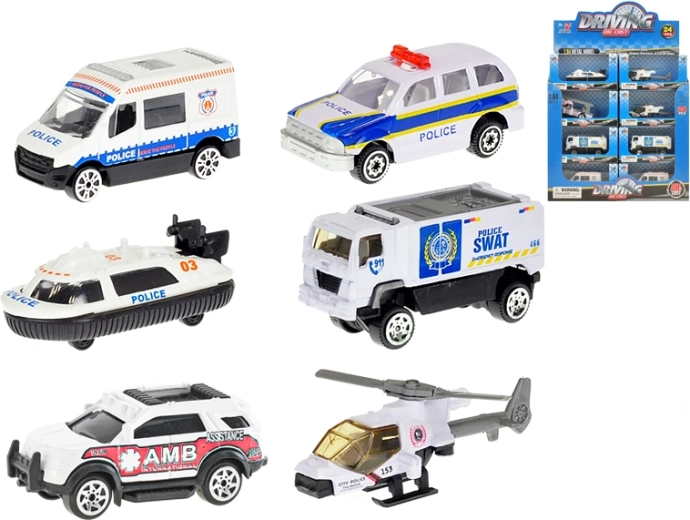 Set kovinskih policijskih vozil 1:64 – 24 kos