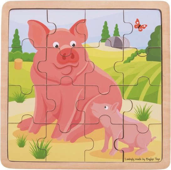 Lesene puzzle BIGJIGS TOYS – pujsek s pujskom, 16 kosov