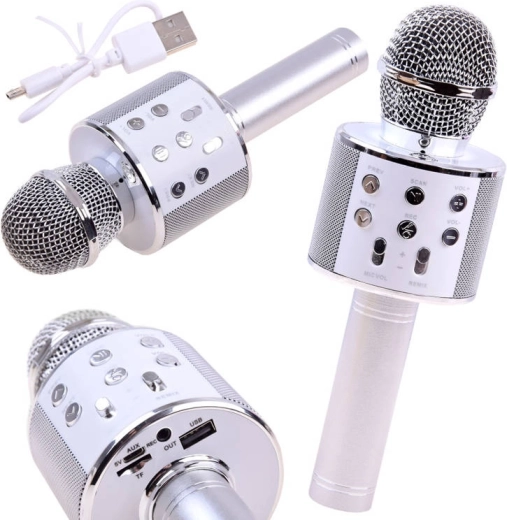 Bluetooth brezžični karaoke mikrofon z vgrajenim zvočnikom – srebrn