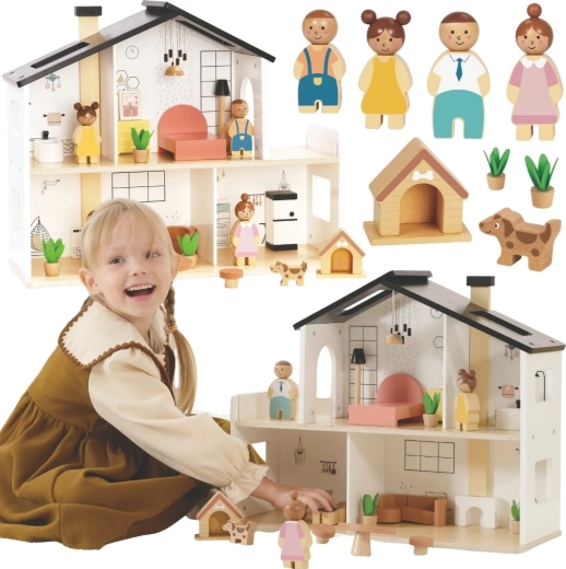 Tooky Toy lesena hišica za punčke z dodatki in družinico (20 kosov)