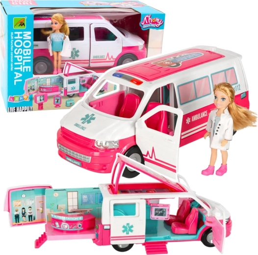 Mobilna bolnišnica – reševalno vozilo 2v1 s punčko zdravnico in zdravniškimi dodatki