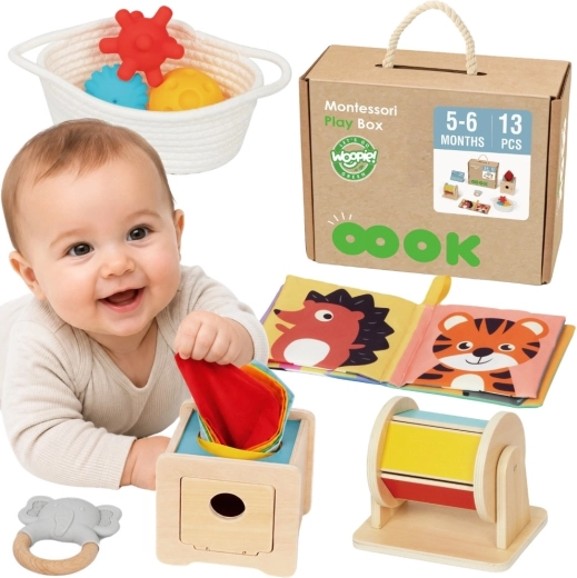 Woopie Green Montessori senzorična škatla 6 v 1 za otroke od 5 do 6 mesecev – 13 kosov