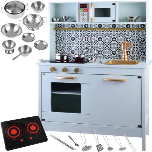 Metina lesena otroška kuhinjica s posodo