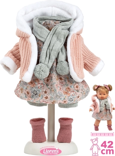 Oblačilo za punčko 42 cm – rožnat pleten komplet s šalom in krilom