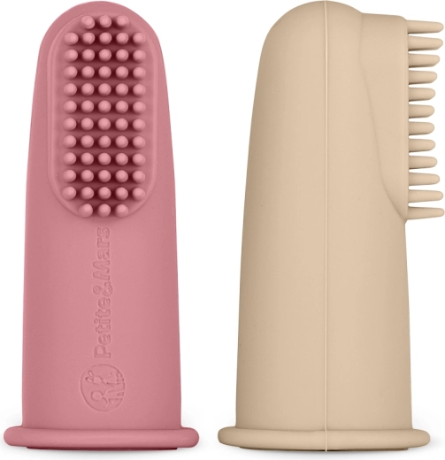 Petite&Mars komplet silikonskih zobnih ščetk na prst Rose & Sand, 2 kosa