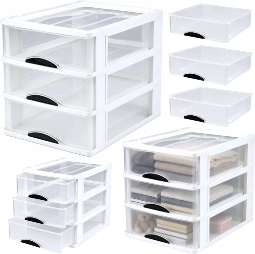 Multifunction organizer with 3 drawers, white plastic box