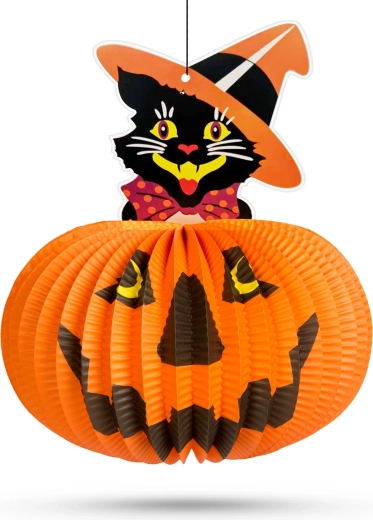 Papirnati halloween lampijon v obliki buče z motivom mačke – 1 kos