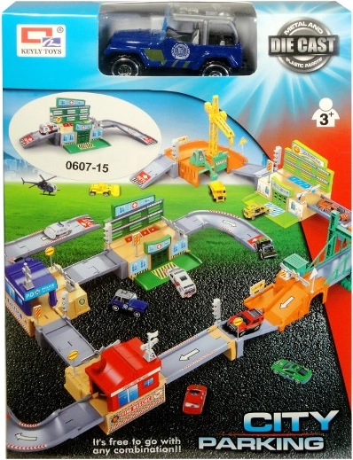 Mestno parkirišče s kovinskim avtomobilčkom in dodatki