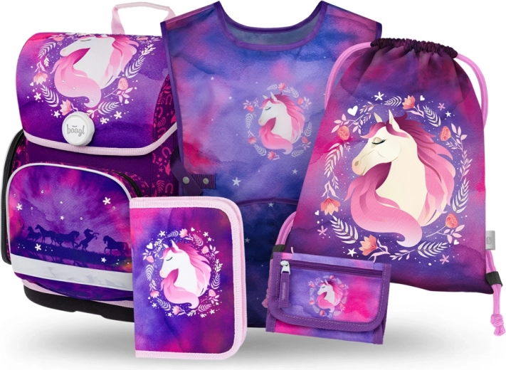 Baagl šolski set 5 delov Ergo Konj – aktovka, peresnica, vrečka za obutev, predpasnik in denarnica