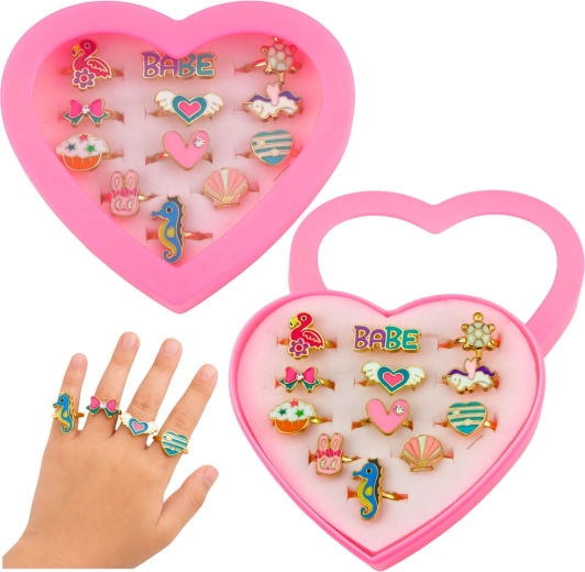 Komplet otroških nastavljivih prstančkov v srčkastem etuiju, 12 kos