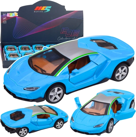 Kovinski športni avto 1:32 z vzmetnim pogonom, lučmi in zvoki – moder