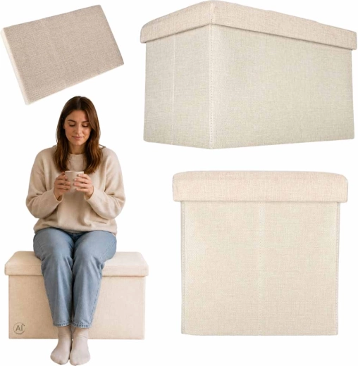 Foldable storage ottoman with seat, beige, 49 × 31 × 29 cm