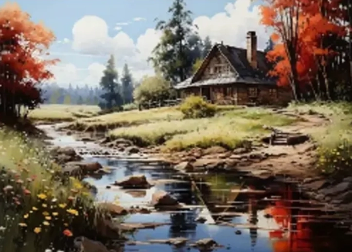 Diamantno slikanje Hiša ob reki 30 × 40 cm