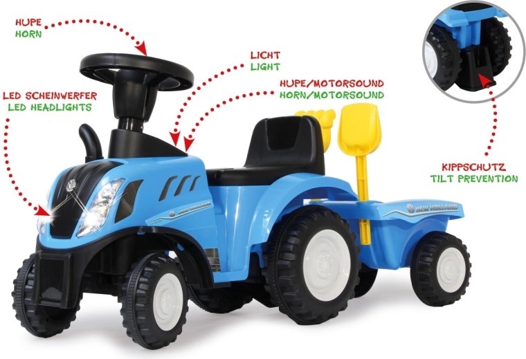 Otroški poganjalec New Holland T7 s prikolico 2 v 1, modre barve