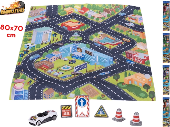 Prometna preproga Roadblasters 80 × 70 cm z avtomobilčkom in znaki