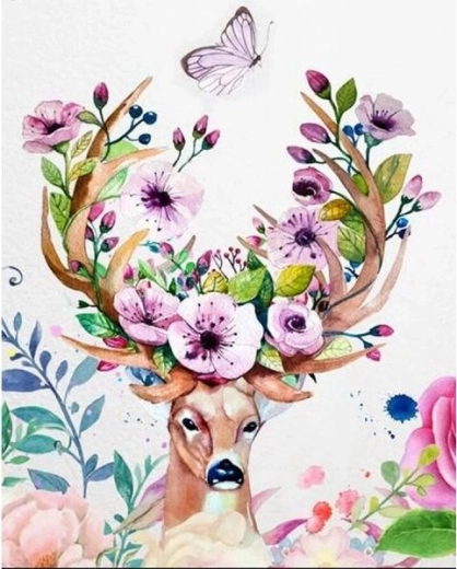 Diamantno slikanje – jelen s cvetličnim rogovjem 30 × 40 cm