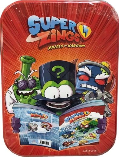 SuperZings zbirateljska pločevinka s stripom, plaščem in magnetom – poškodovana embalaža