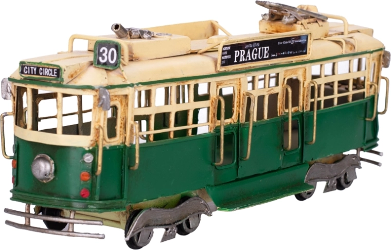 Kovinski model tramvaja Prague – zelena vintage dekoracija z prostim tekom
