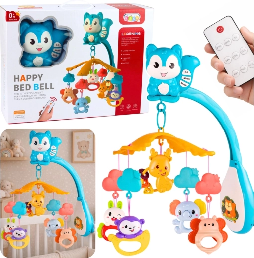 Otroški vrtiljak nad posteljico z veverico, projektorjem in daljinskim upravljalnikom