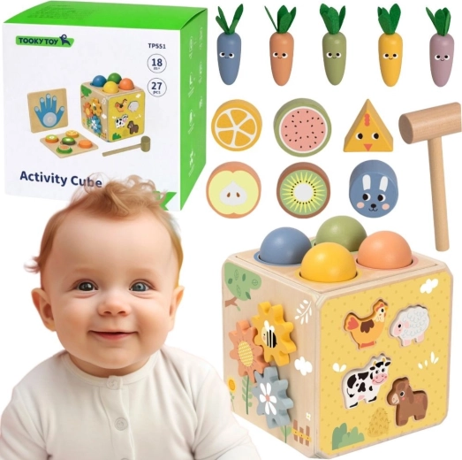 Tooky Toy lesena izobraževalna aktivnostna kocka 5 v 1