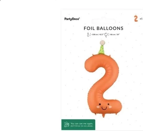 PartyDeco folijski balon številka 2 oranžen z obrazom 86 cm