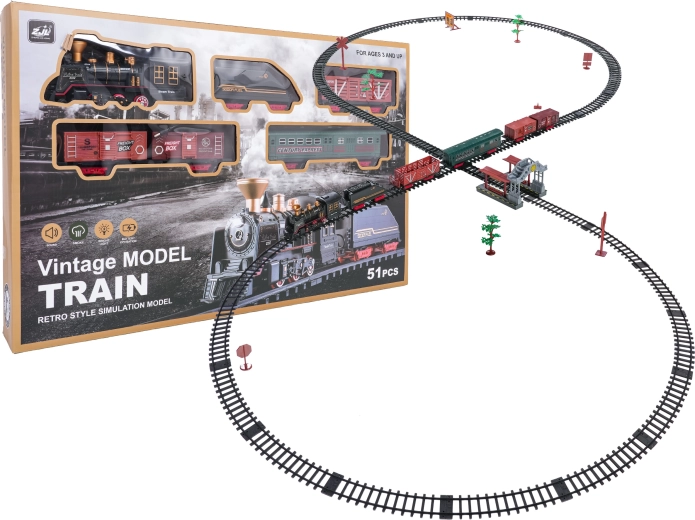 retro vlak z dimom, lučmi in zvoki